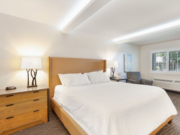 The image shows a neatly arranged bedroom with a large bed, side table with a lamp, chair, and window with blinds in a well-lit room.