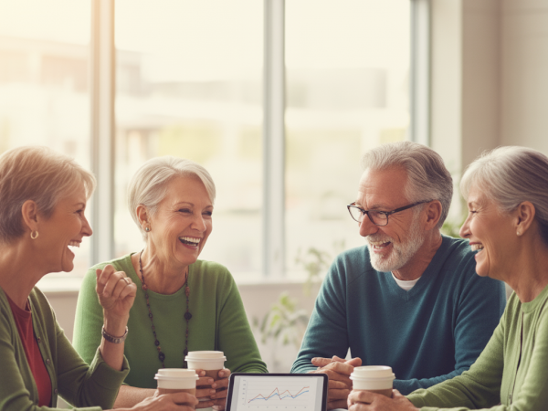 A group of four older adults sitting at a table with coffee, enjoying a conversation, with a tablet displaying a chart in the center.