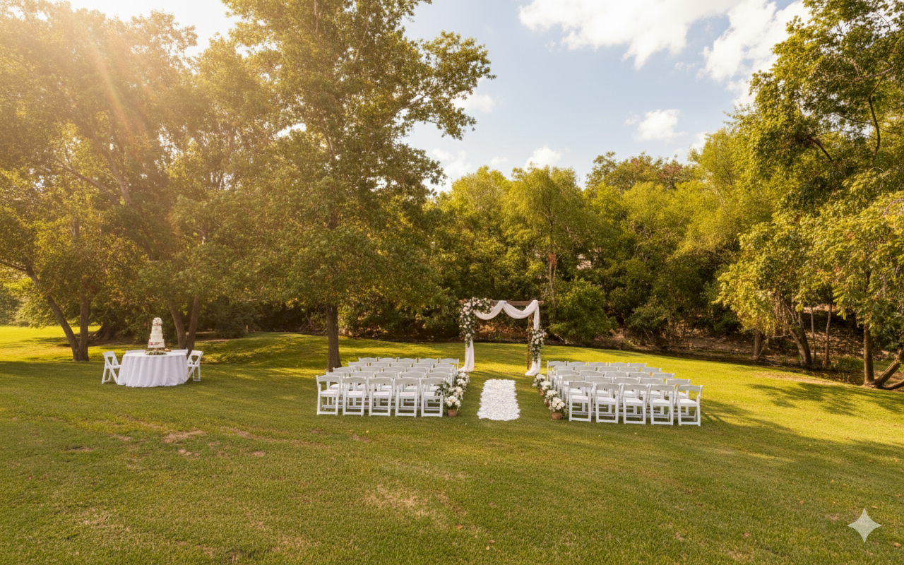 An outdoor wedding setup with white chairs, an arch, and a cake table on a grassy area surrounded by trees under a sunny sky.