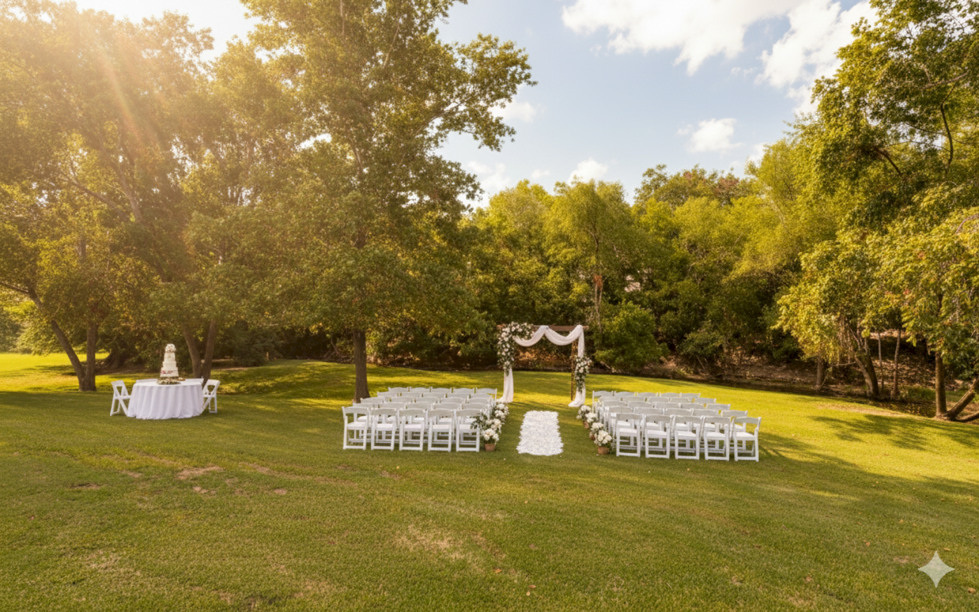 An outdoor wedding setup with white chairs, an arch, and a cake table on a grassy area surrounded by trees under a sunny sky.