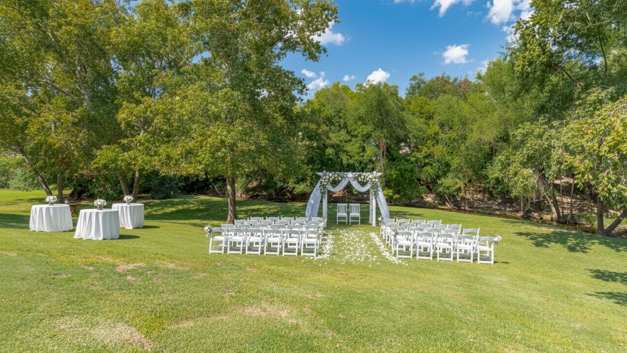 Outdoor wedding setup: white chairs along a aisle, a floral arch, tables on a green lawn beneath blue sky.