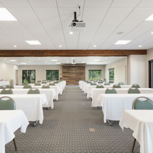 A modern open-plan office with white desks, potted plants, and abundant natural light streaming through large windows, creating a clean, minimalist workspace.