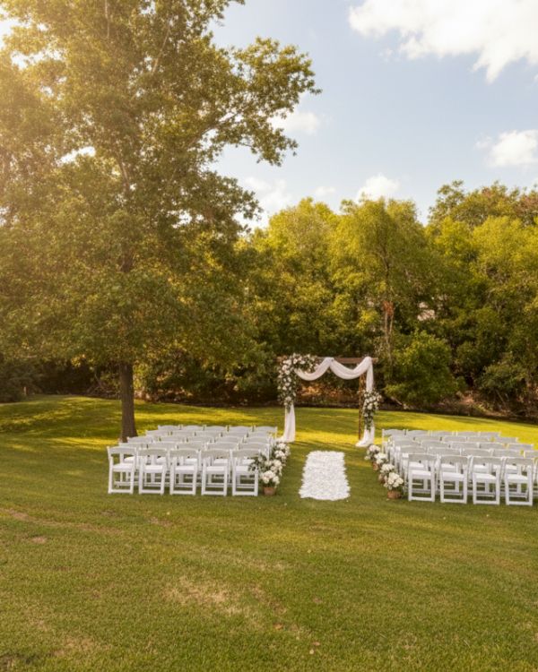 An outdoor wedding setup with arranged chairs, a decorative arch, and a table on a grassy area surrounded by trees under a sunny sky.