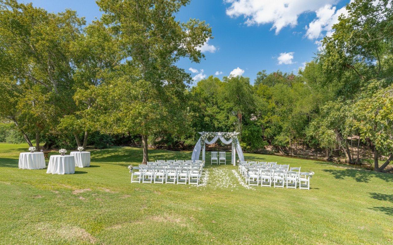 A wedding setup in a grassy area with white chairs and tables, an archway, and trees in the background.