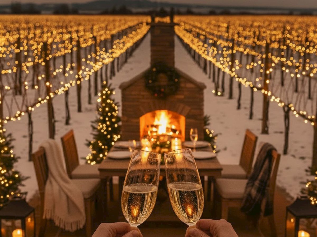 A romantic winter wedding dinner on a snow-covered dock with fairy lights, two chandeliers, a long table, and champagne toasts, ending this sentence.